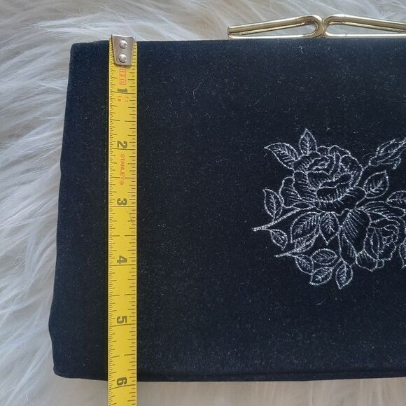 Elegant Black Clutch with Gold Clasp and Silver Roses Print - Picture 2 of 10